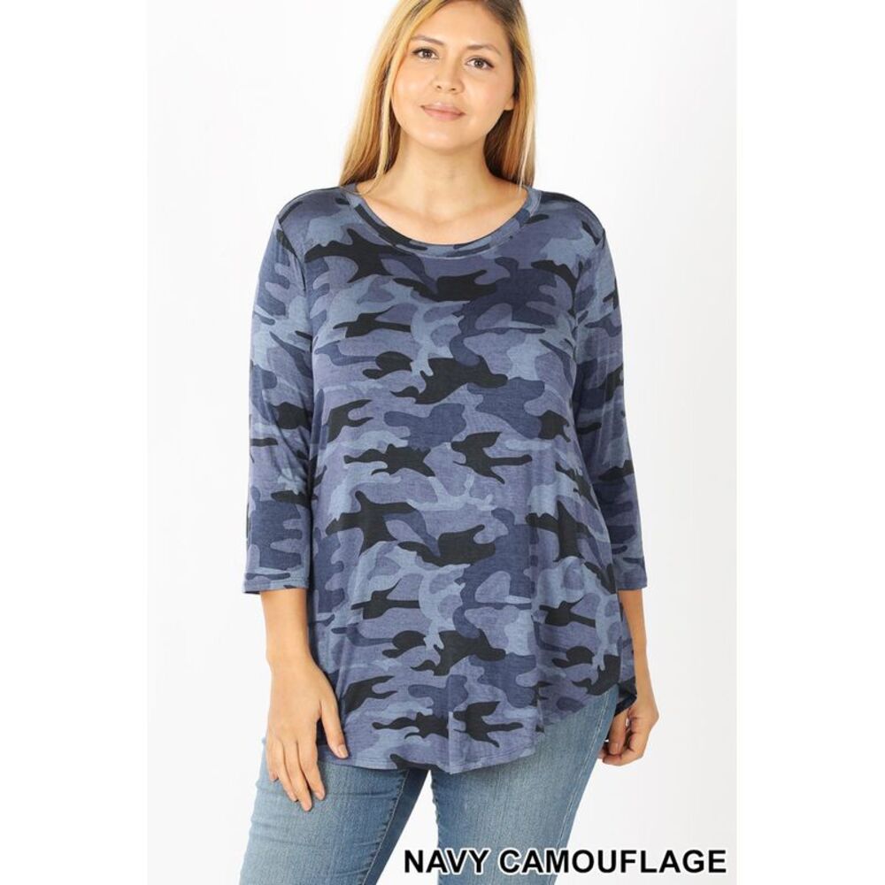 World of Leggings Rayon Camouflage 3/4 Sleeve Round Neck & Hem Top